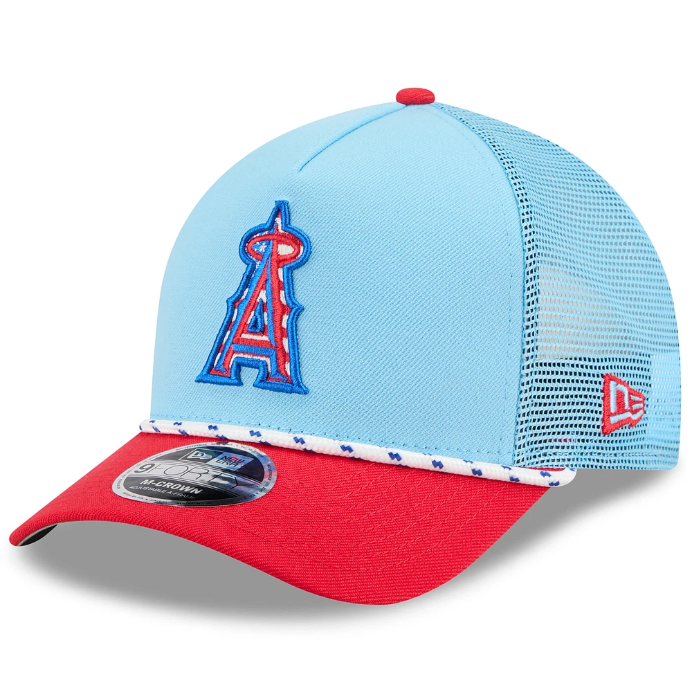 Men's New Era Light Blue/Red Los Angeles Angels 2025 Fourth of July 9FORTY A-Frame M-Crown Adjustable Trucker Hat