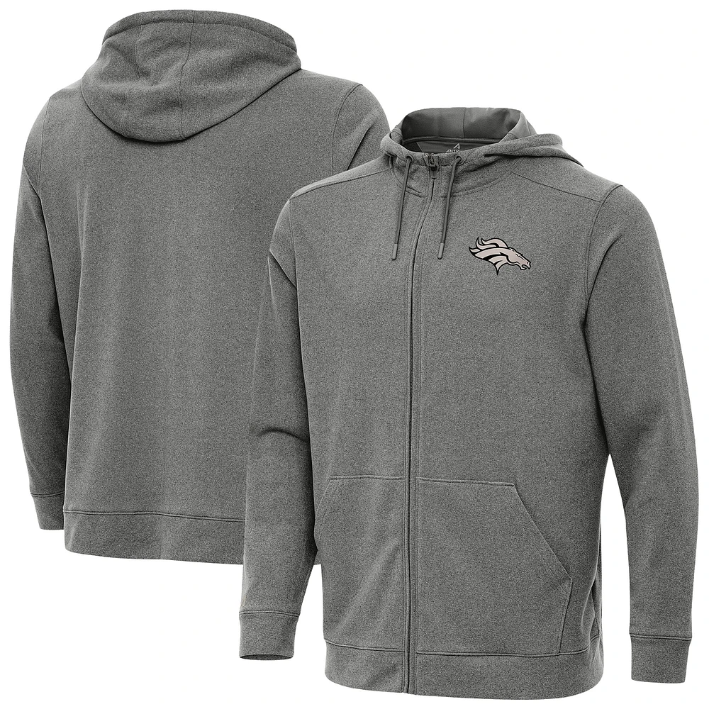 Men's Antigua Heather Black Denver Broncos Effortless Full-Zip Hoodie Jacket