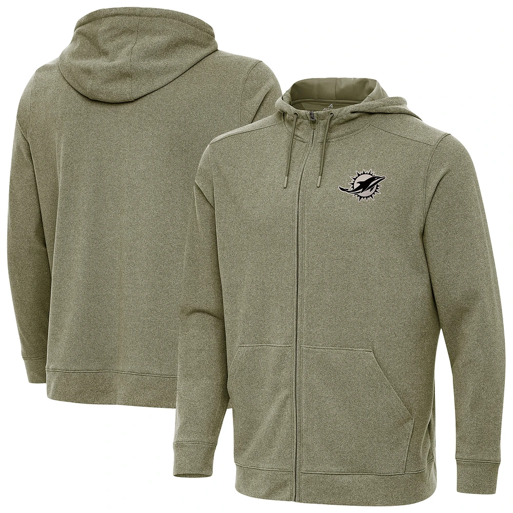 Men's Antigua Olive Miami Dolphins Effortless Full-Zip Hoodie Jacket