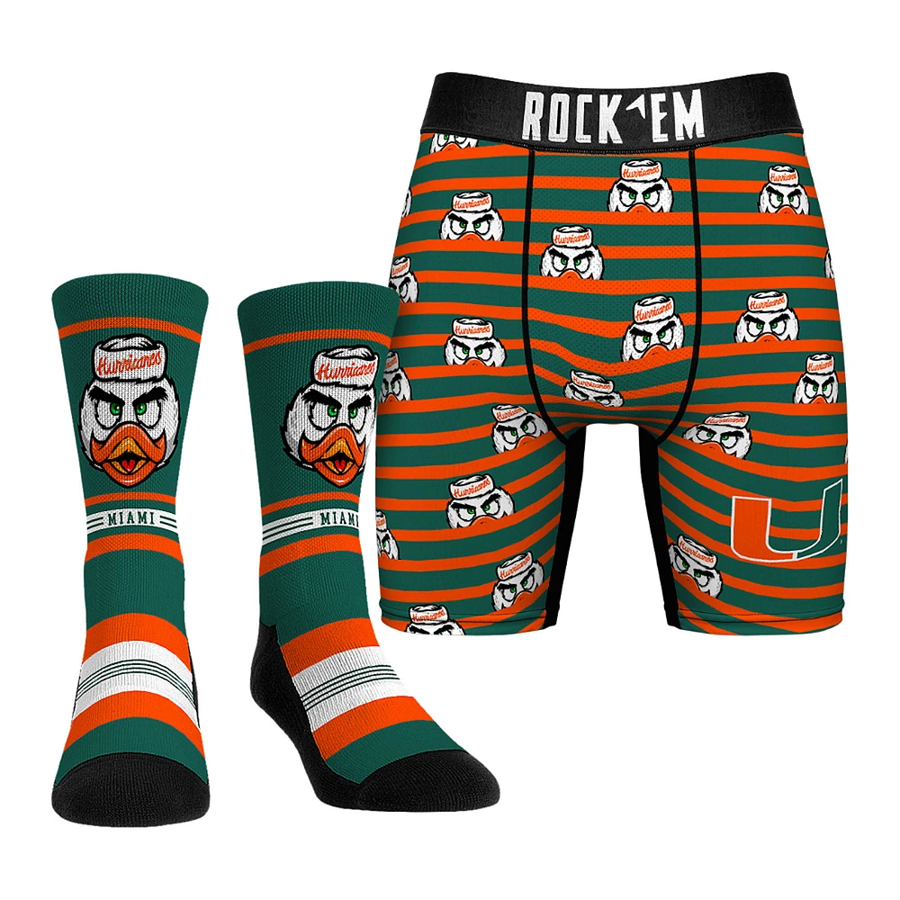 Men's Rock Em Socks Green Miami Hurricanes Mascot Underwear and Crew Combo Pack
