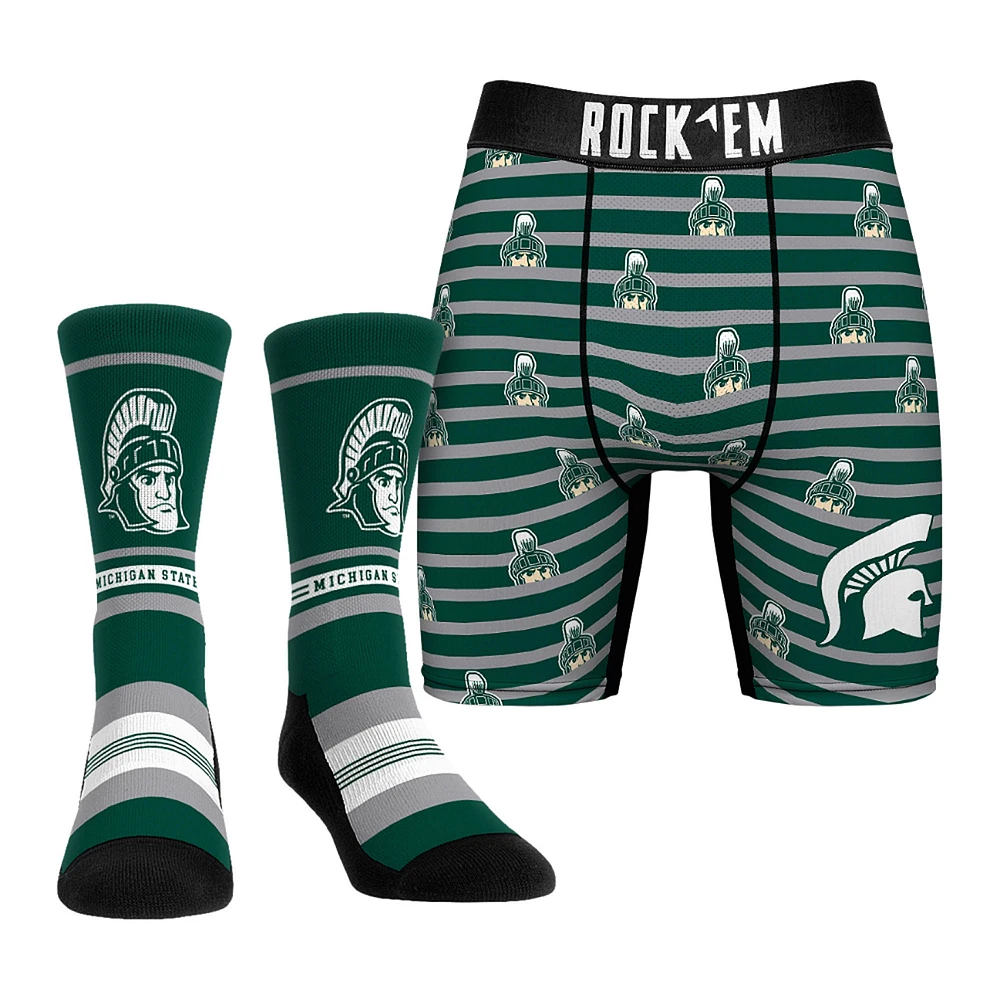 Men's Rock Em Socks Green Michigan State Spartans Mascot Underwear and Crew Combo Pack