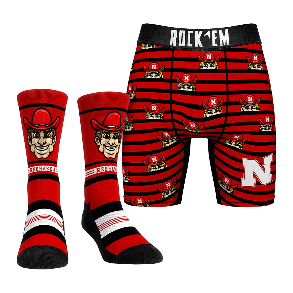 Men's Rock Em Socks Red Nebraska Huskers Mascot Underwear and Crew Combo Pack