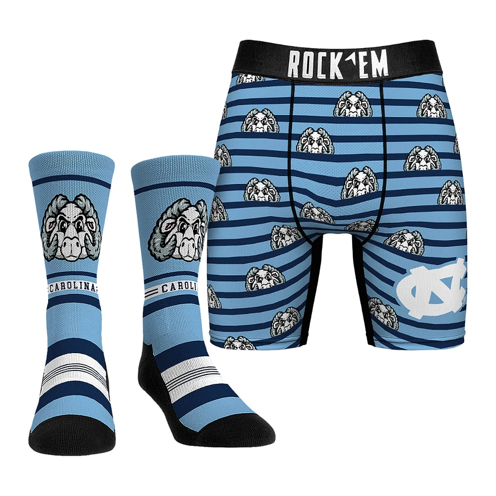 Men's Rock Em Socks Blue North Carolina Tar Heels Mascot Underwear and Crew Combo Pack
