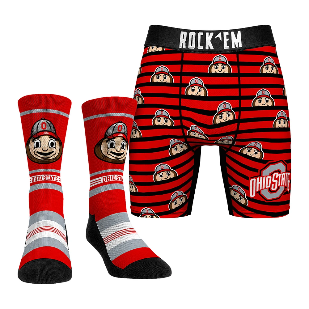 Men's Rock Em Socks Red Ohio State Buckeyes Mascot Underwear and Crew Combo Pack