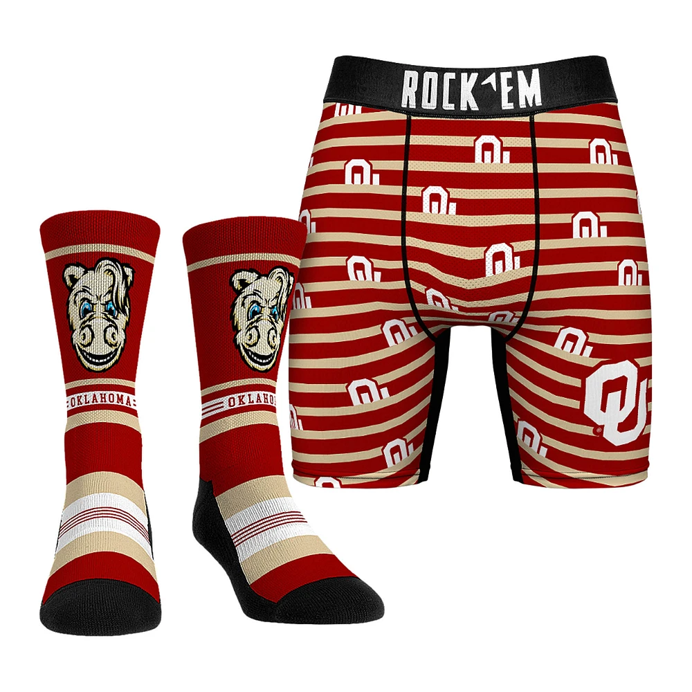 Men's Rock Em Socks Red Oklahoma Sooners Mascot Underwear and Crew Combo Pack
