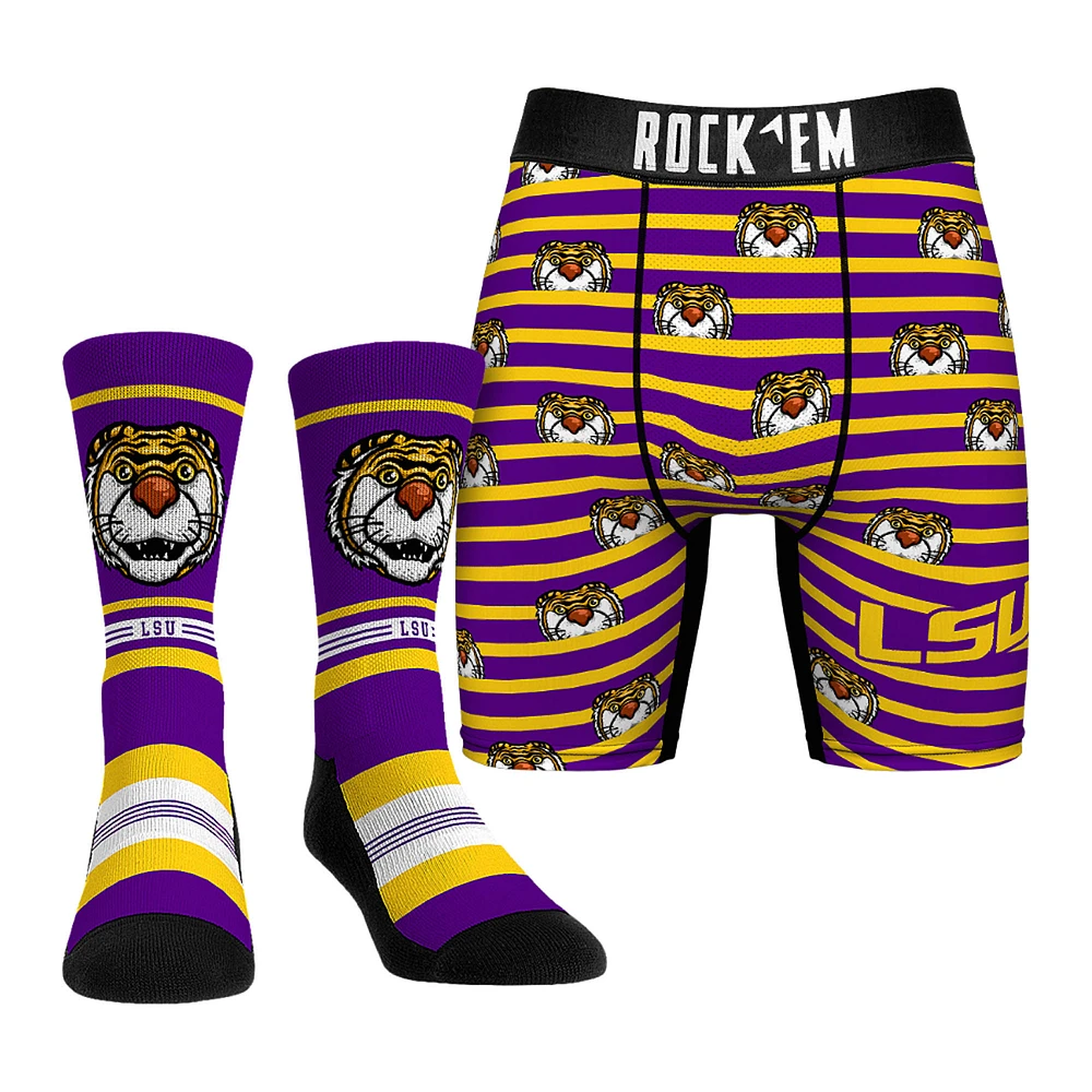 Men's Rock Em Socks Purple LSU Tigers Mascot Underwear and Crew Combo Pack
