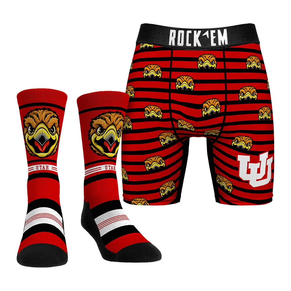 Men's Rock Em Socks Red Utah Utes Mascot Underwear and Crew Combo Pack