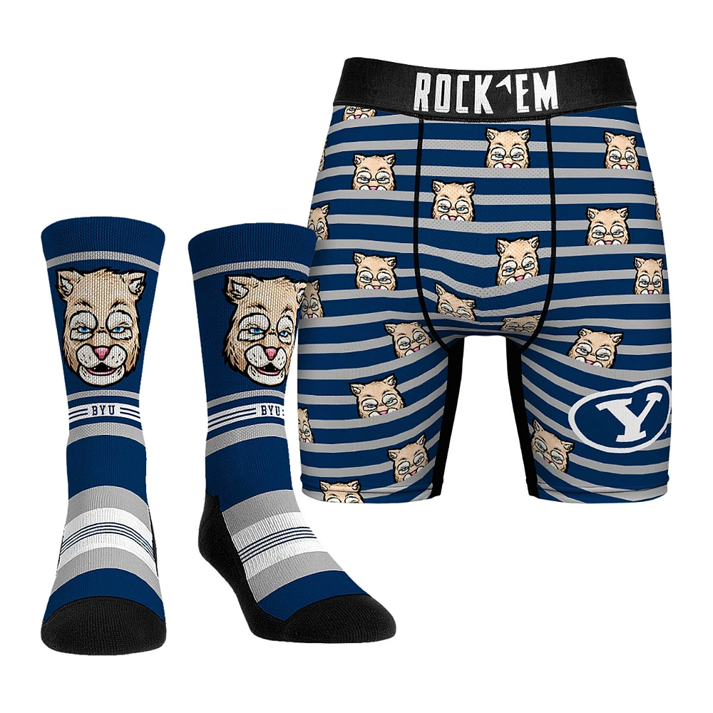Men's Rock Em Socks Blue BYU Cougars Mascot Underwear and Crew Combo Pack