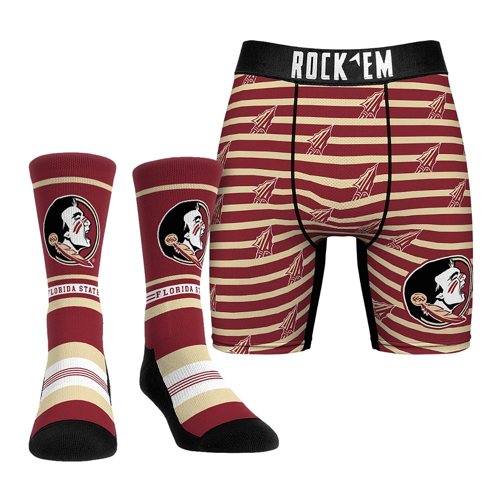 Men's Rock Em Socks Maroon Florida State Seminoles Mascot Underwear and Crew Combo Pack