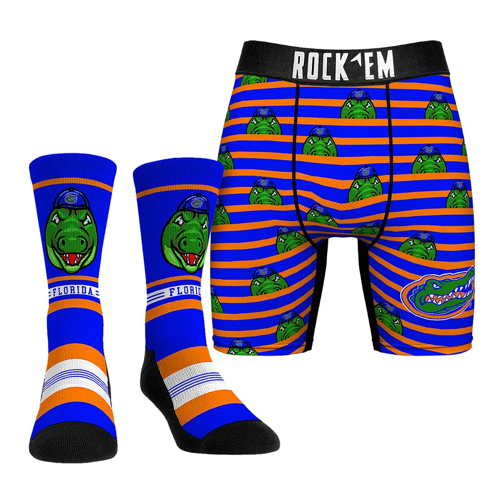 Men's Rock Em Socks Blue Florida Gators Mascot Underwear and Crew Combo Pack