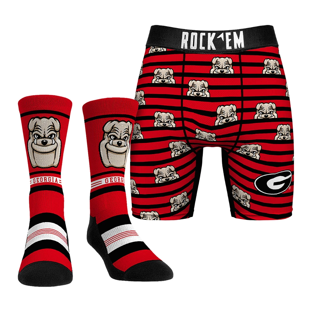 Men's Rock Em Socks Red Georgia Bulldogs Mascot Underwear and Crew Combo Pack