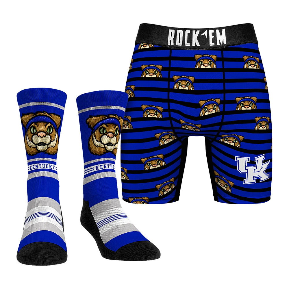 Men's Rock Em Socks Blue Kentucky Wildcats Mascot Underwear and Crew Combo Pack