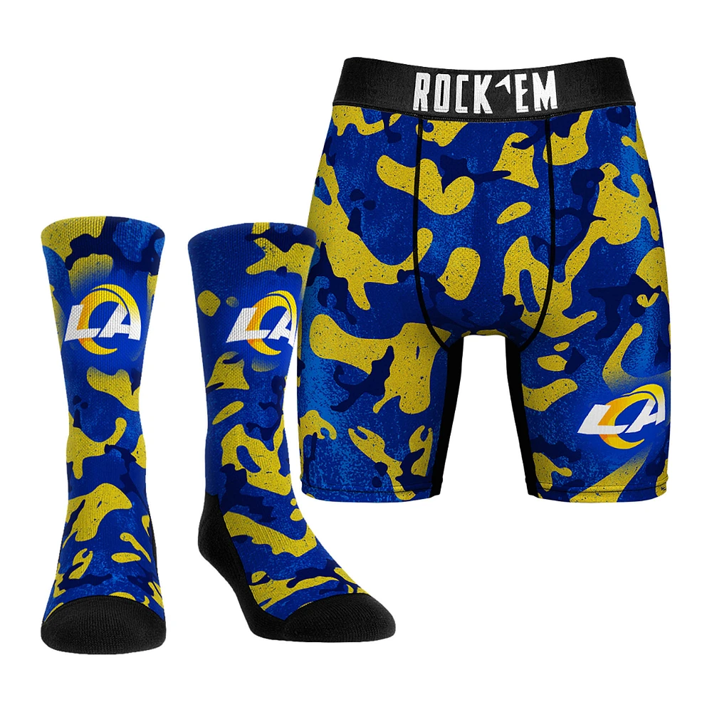 Men's Rock Em Socks Royal Los Angeles Rams Team Armor Underwear and Crew Combo Pack