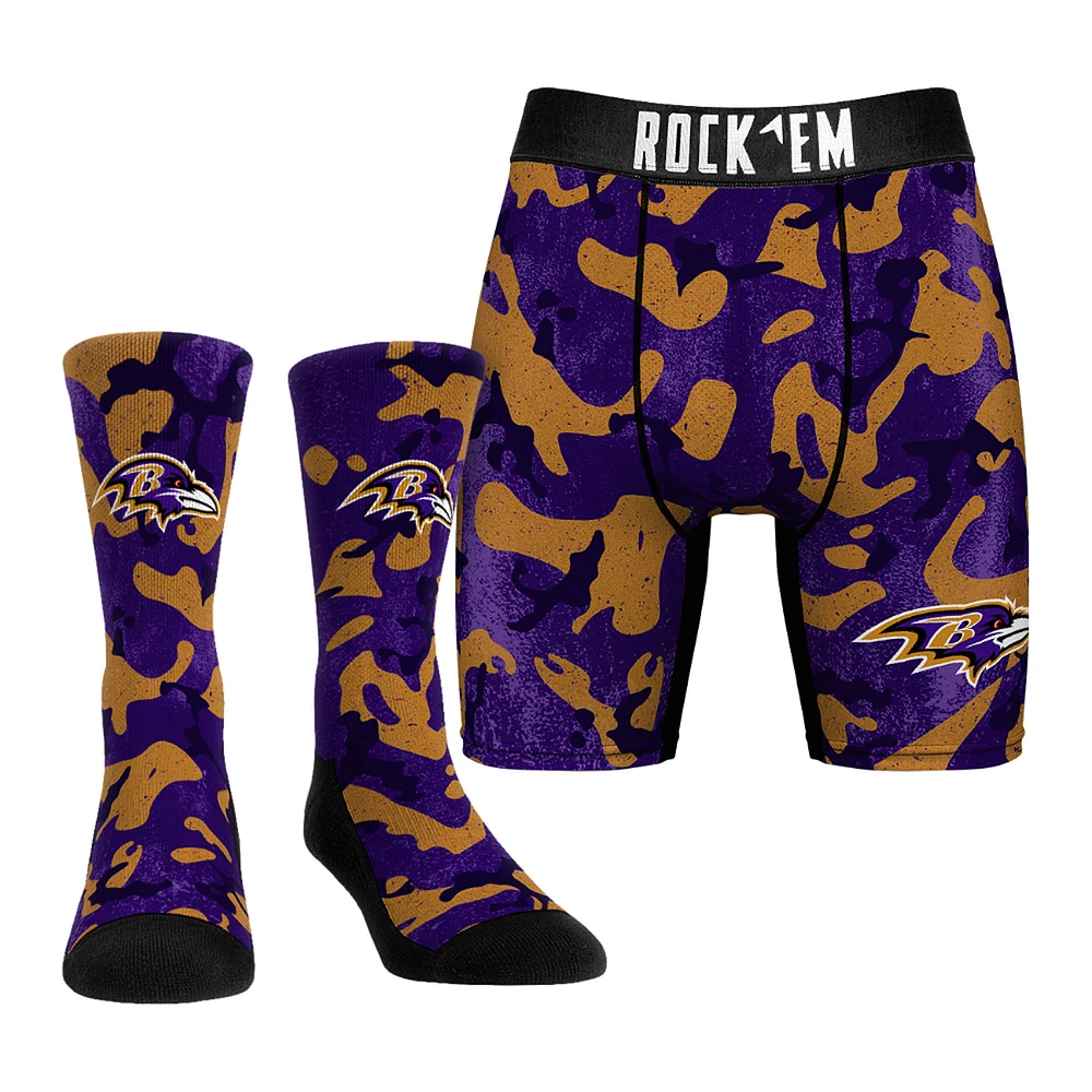 Men's Rock Em Socks Purple Baltimore Ravens Team Armor Underwear and Crew Combo Pack