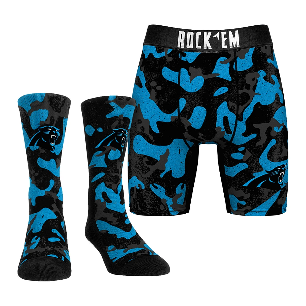 Men's Rock Em Socks Blue Carolina Panthers Team Armor Underwear and Crew Combo Pack