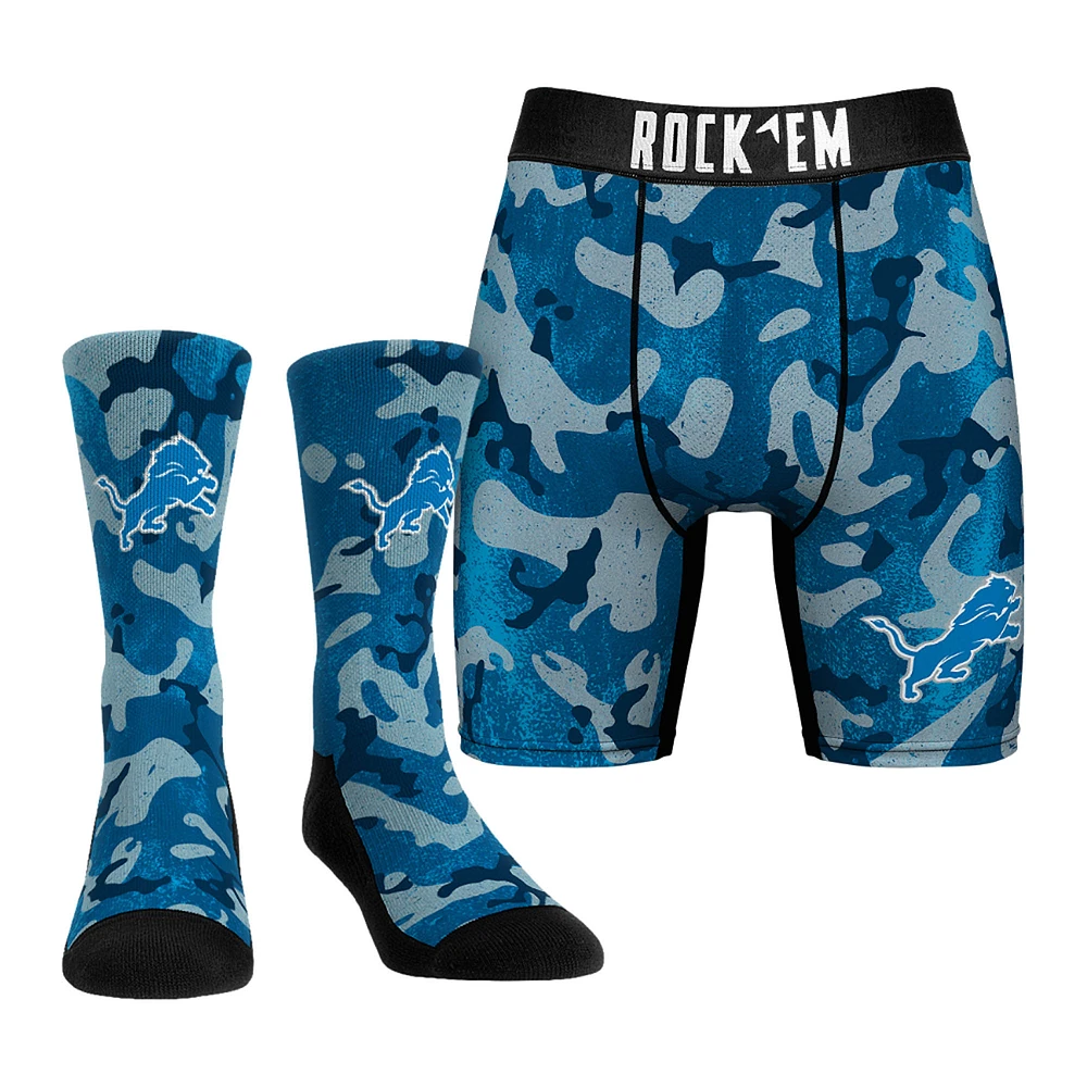 Men's Rock Em Socks Blue Detroit Lions Team Armor Underwear and Crew Combo Pack