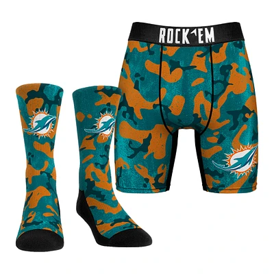 Men's Rock Em Socks Aqua Miami Dolphins Team Armor Underwear and Crew Combo Pack