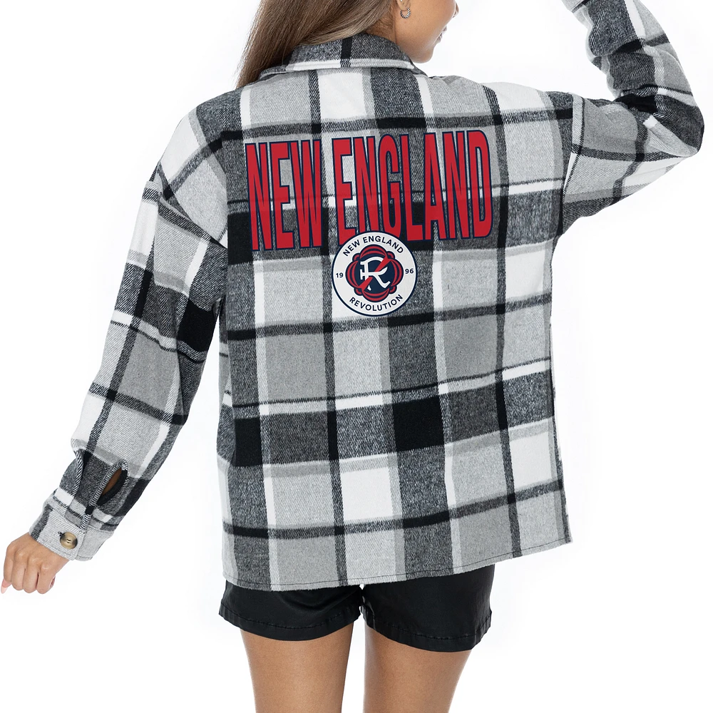 Women's Gameday Couture Gray New England Revolution Fieldside Fun Plaid Button-Up Long Sleeve Overshirt