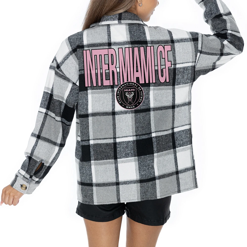 Women's Gameday Couture Gray Inter Miami CF Fieldside Fun Plaid Button-Up Long Sleeve Overshirt