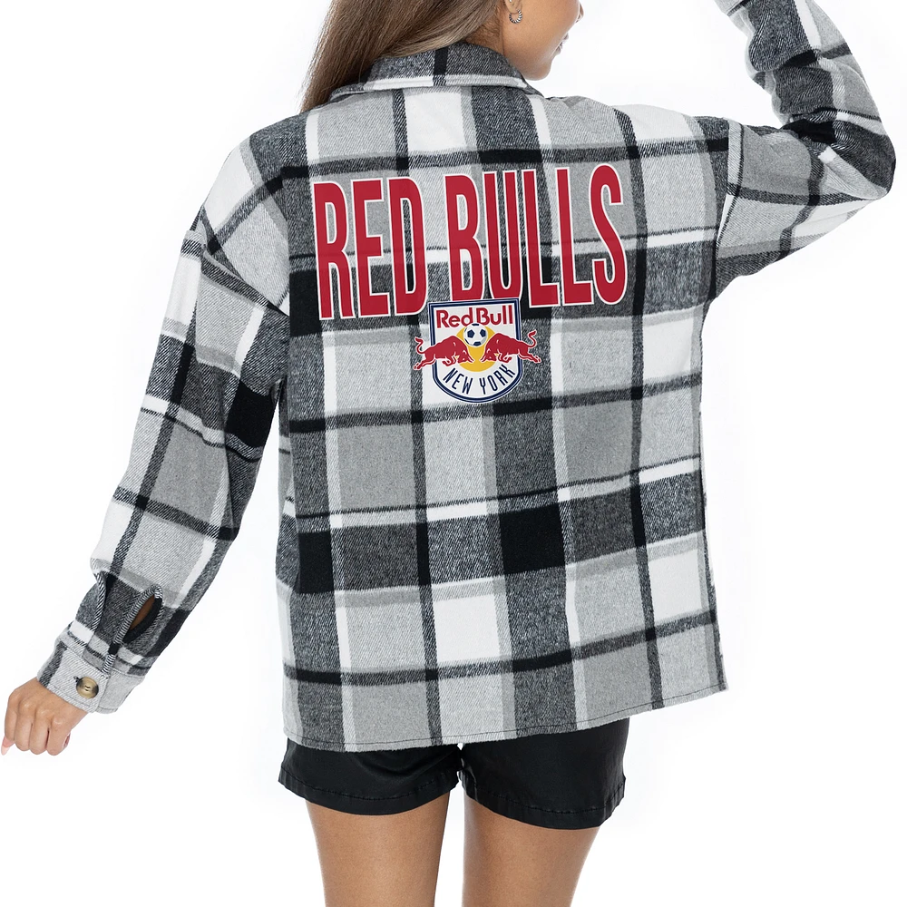 Women's Gameday Couture Gray New York Red Bulls Fieldside Fun Plaid Button-Up Long Sleeve Overshirt