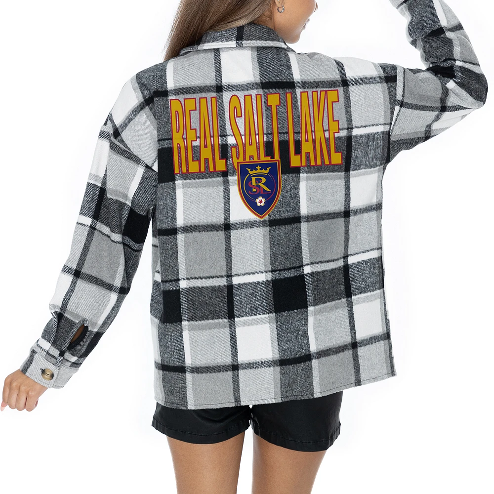 Women's Gameday Couture Gray Real Salt Lake Fieldside Fun Plaid Button-Up Long Sleeve Overshirt