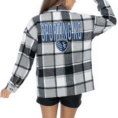 Women's Gameday Couture Gray Sporting Kansas City Fieldside Fun Plaid Button-Up Long Sleeve Overshirt