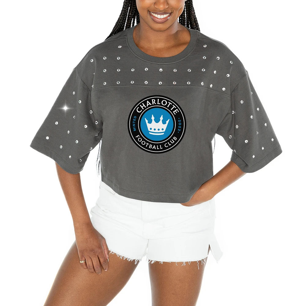 Women's Gameday Couture Gray Charlotte FC Making Moves Rhinestone Cropped Oversized Half Sleeve T-Shirt