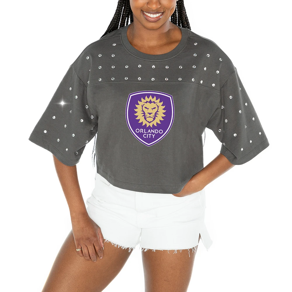 Women's Gameday Couture Gray Orlando City SC Making Moves Rhinestone Cropped Oversized Half Sleeve T-Shirt