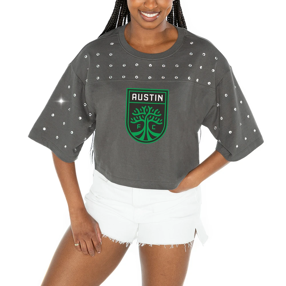 Women's Gameday Couture Gray Austin FC Making Moves Rhinestone Cropped Oversized Half Sleeve T-Shirt