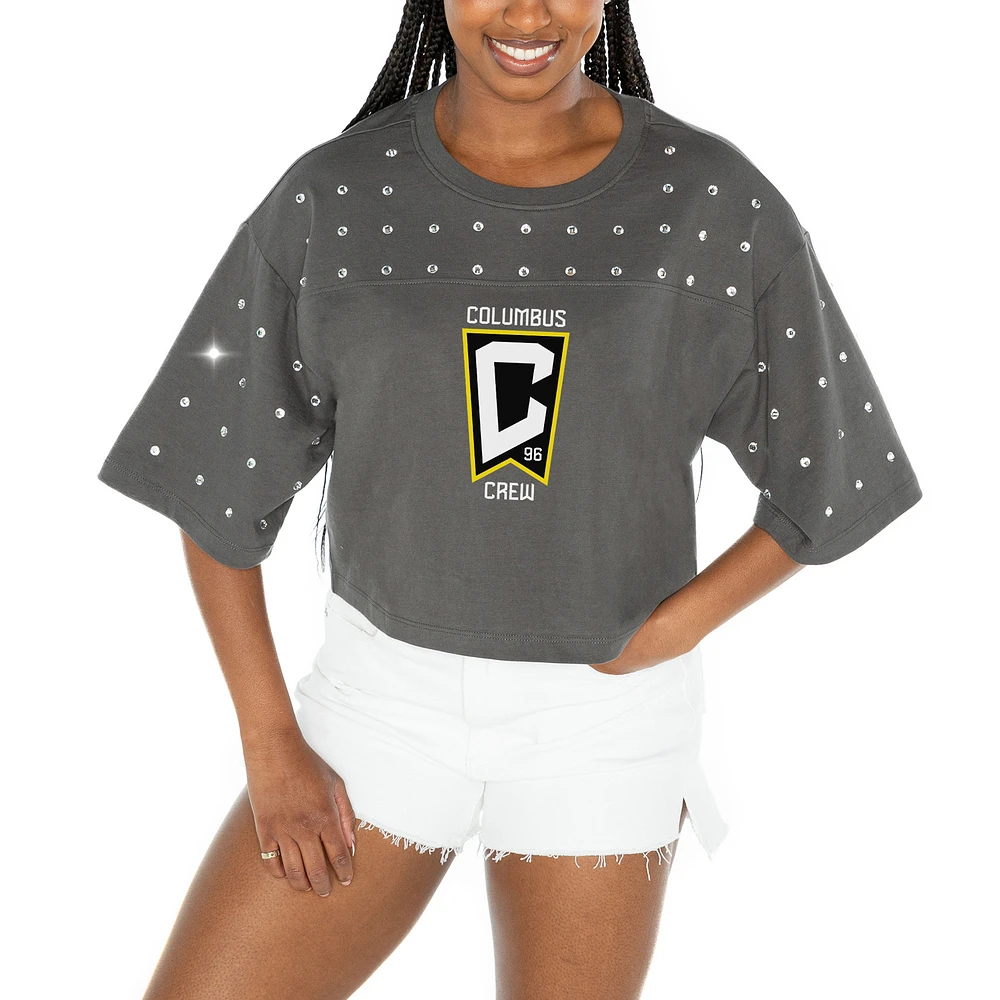 Women's Gameday Couture Gray Columbus Crew Making Moves Rhinestone Cropped Oversized Half Sleeve T-Shirt