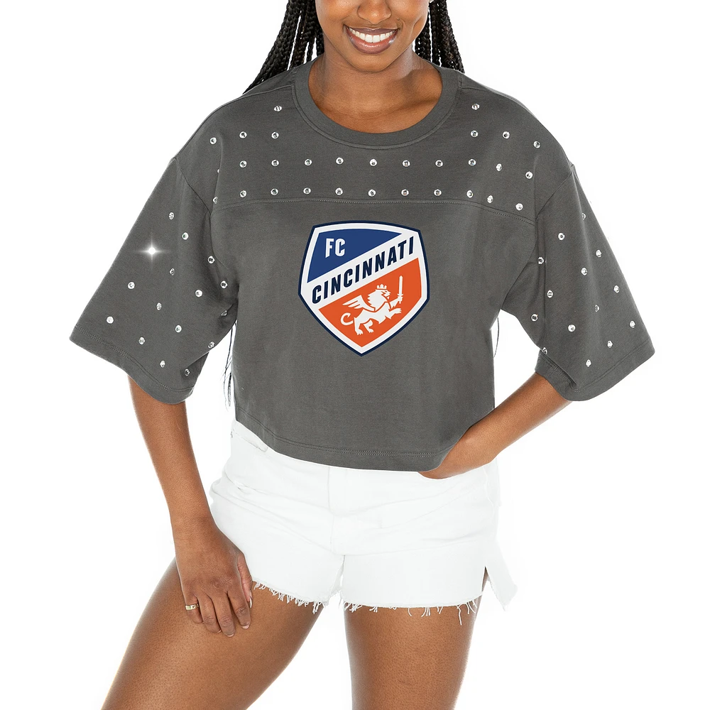 Women's Gameday Couture Gray FC Cincinnati Making Moves Rhinestone Cropped Oversized Half Sleeve T-Shirt