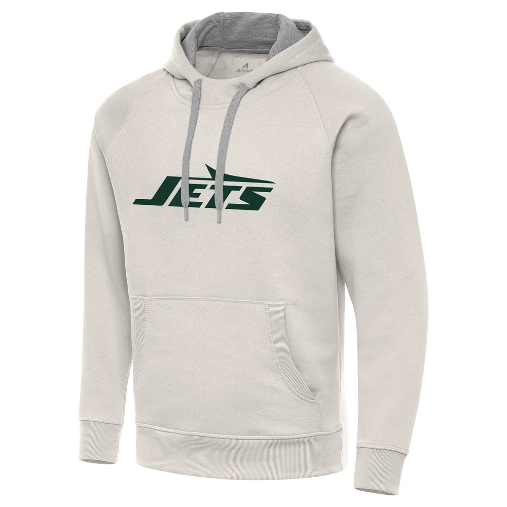 Men's Antigua Cream New York Jets Victory Raglan Pullover Hoodie