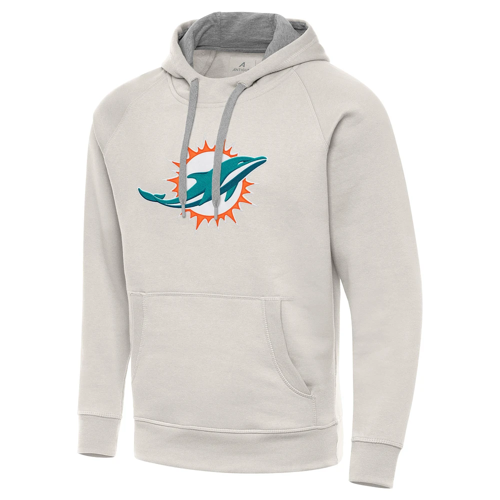 Men's Antigua Cream Miami Dolphins Victory Raglan Pullover Hoodie