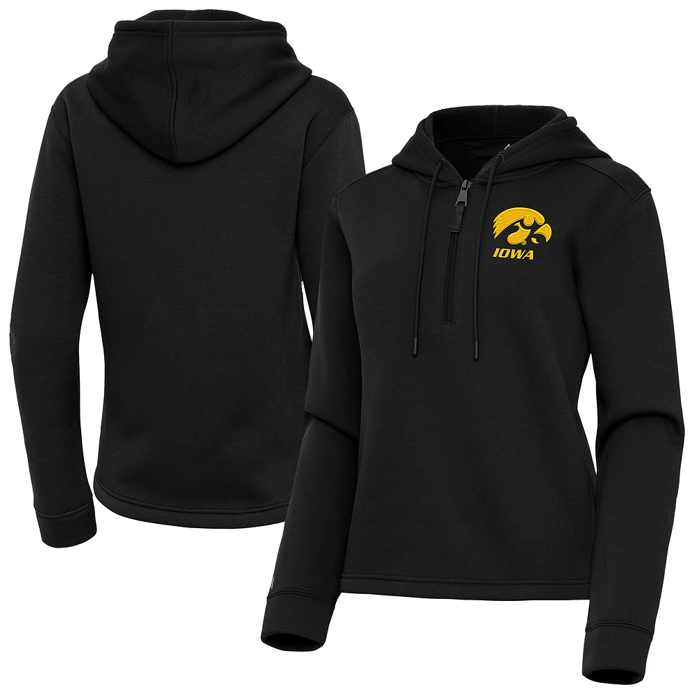 Women's Antigua Black Iowa Hawkeyes Contemporary Quarter-Zip Hoodie
