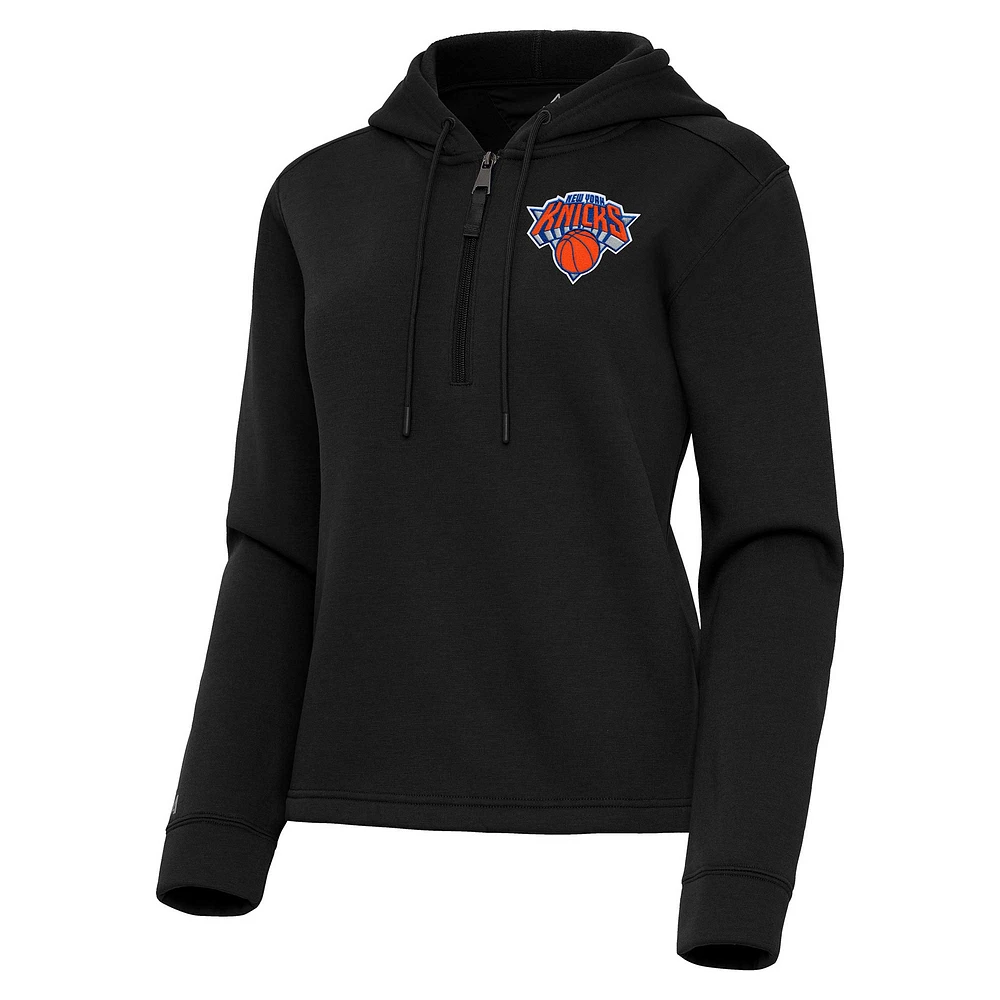 Women's Antigua Black New York Knicks Contemporary Quarter-Zip Hoodie