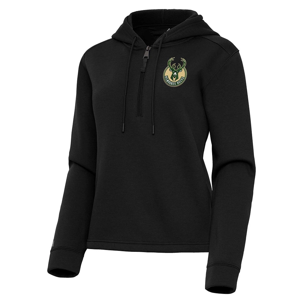 Women's Antigua Black Milwaukee Bucks Contemporary Quarter-Zip Hoodie