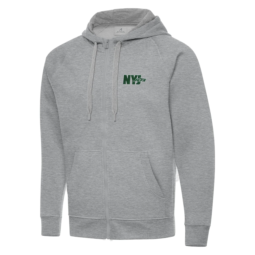 Men's Antigua Heather Gray New York Jets Victory Full-Zip Hoodie