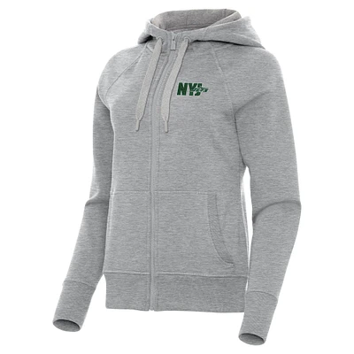 Women's Antigua Heather Gray New York Jets Victory Full-Zip Hoodie