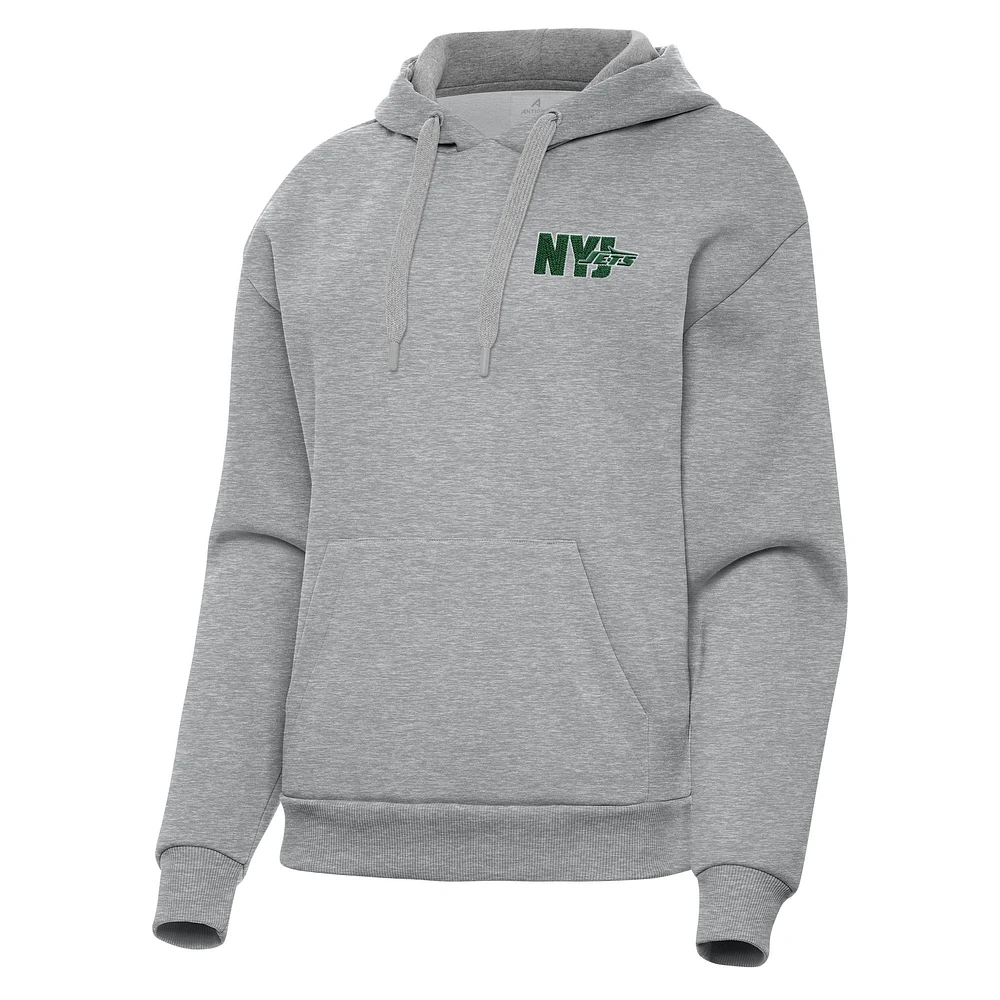 Women's Antigua Heather Gray New York Jets Victory Pullover Hoodie