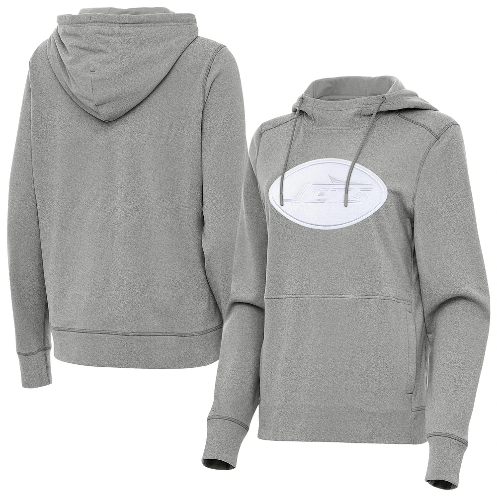 Women's Antigua Heather Gray New York Jets Justice Pullover Hoodie