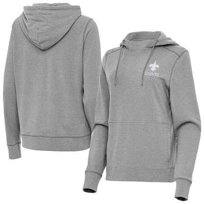 Women's Antigua Heather Gray New Orleans Saints Justice Pullover Hoodie