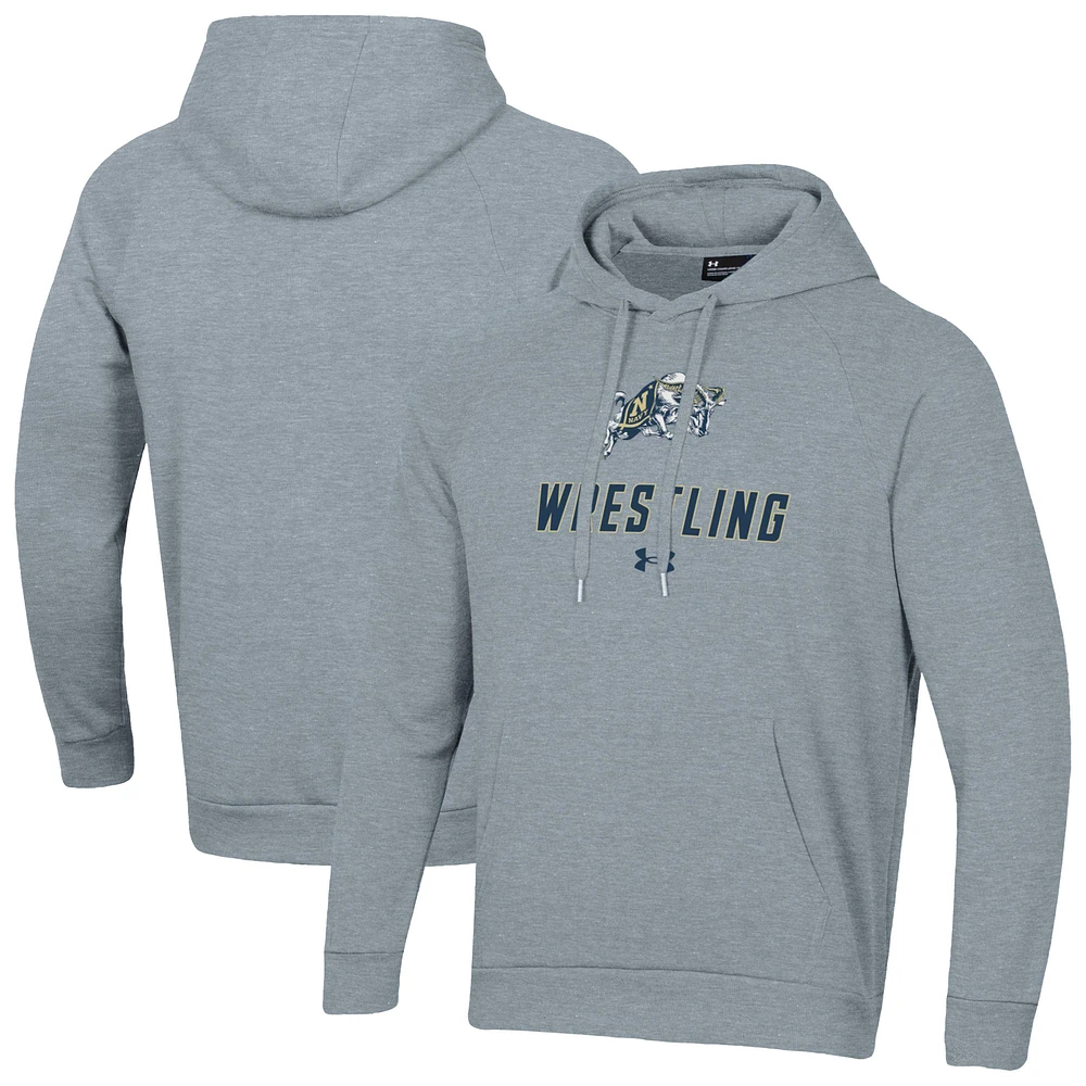 Men's Under Armour Gray Navy Midshipmen Wrestling Rival Fleece Raglan Hooded Sweatshirt