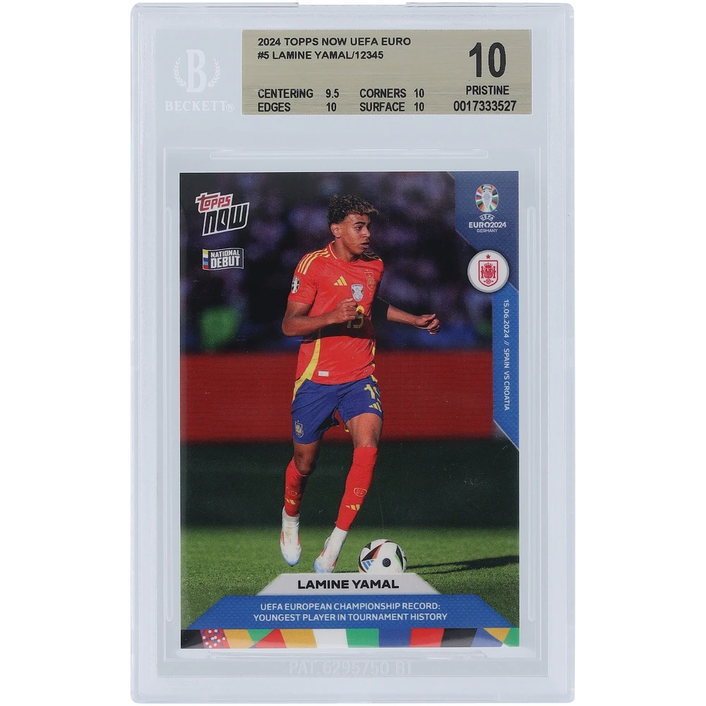 Lamine Yamal Spain National Team 2024 Topps Now UEFA Euro Youngest Player in Tournament History #5 BGS Authenticated 10 Rookie Card - 9.5,10,10,10 Subgrades