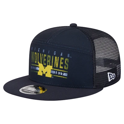 Men's New Era Navy Michigan Wolverines Split Panel 9FIFTY Snapback Trucker Hat