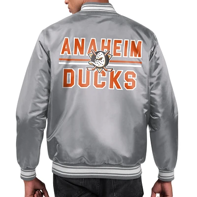 Men's Starter Gray Anaheim Ducks Printed Team Logo Satin Varsity Full-Snap Jacket
