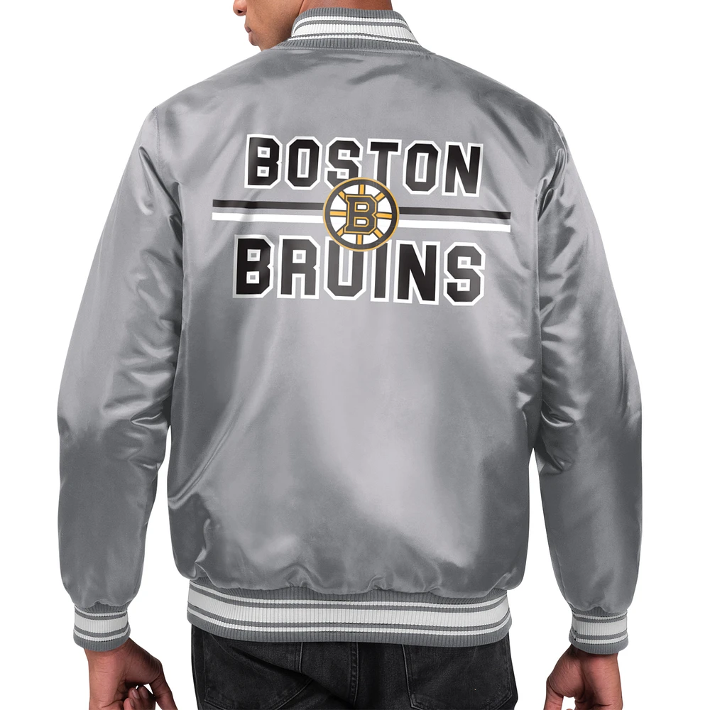 Men's Starter Gray Boston Bruins Printed Team Logo Satin Varsity Full-Snap Jacket