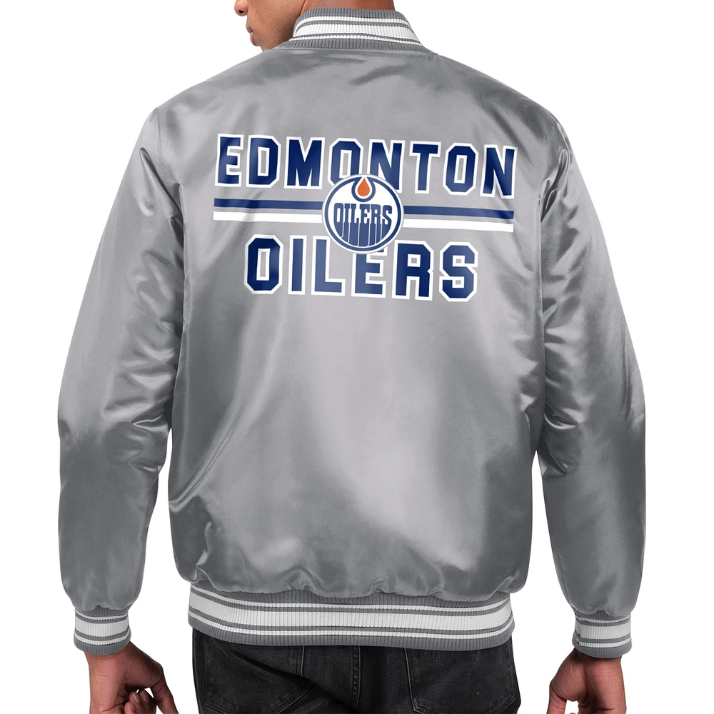 Men's Starter Gray Edmonton Oilers Printed Team Logo Satin Varsity Full-Snap Jacket