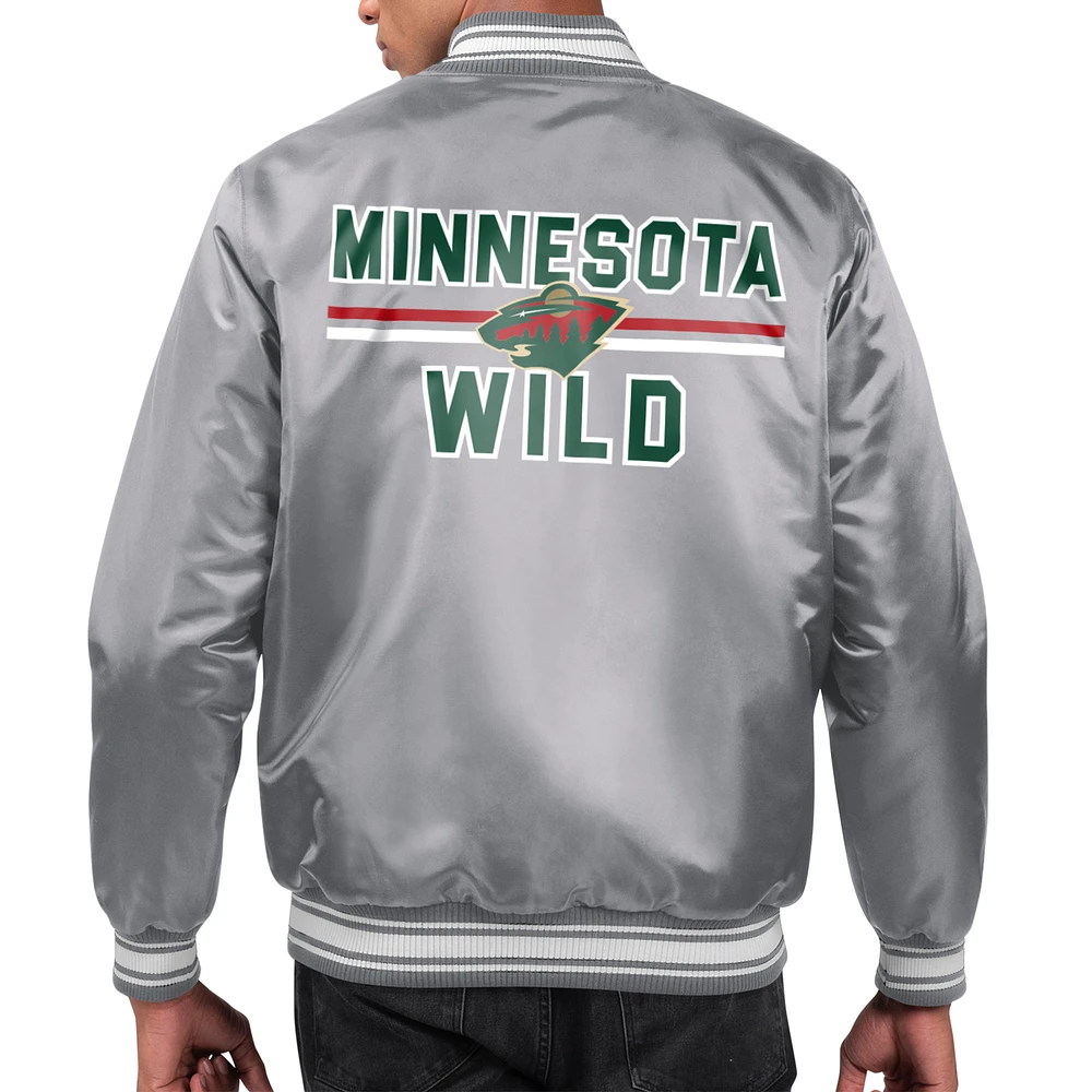Men's Starter Gray Minnesota Wild Printed Team Logo Satin Varsity Full-Snap Jacket