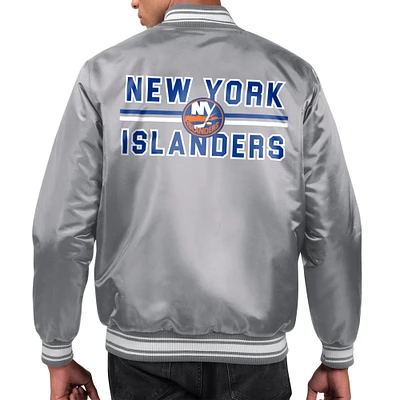 Men's Starter Gray New York Islanders Printed Team Logo Satin Varsity Full-Snap Jacket