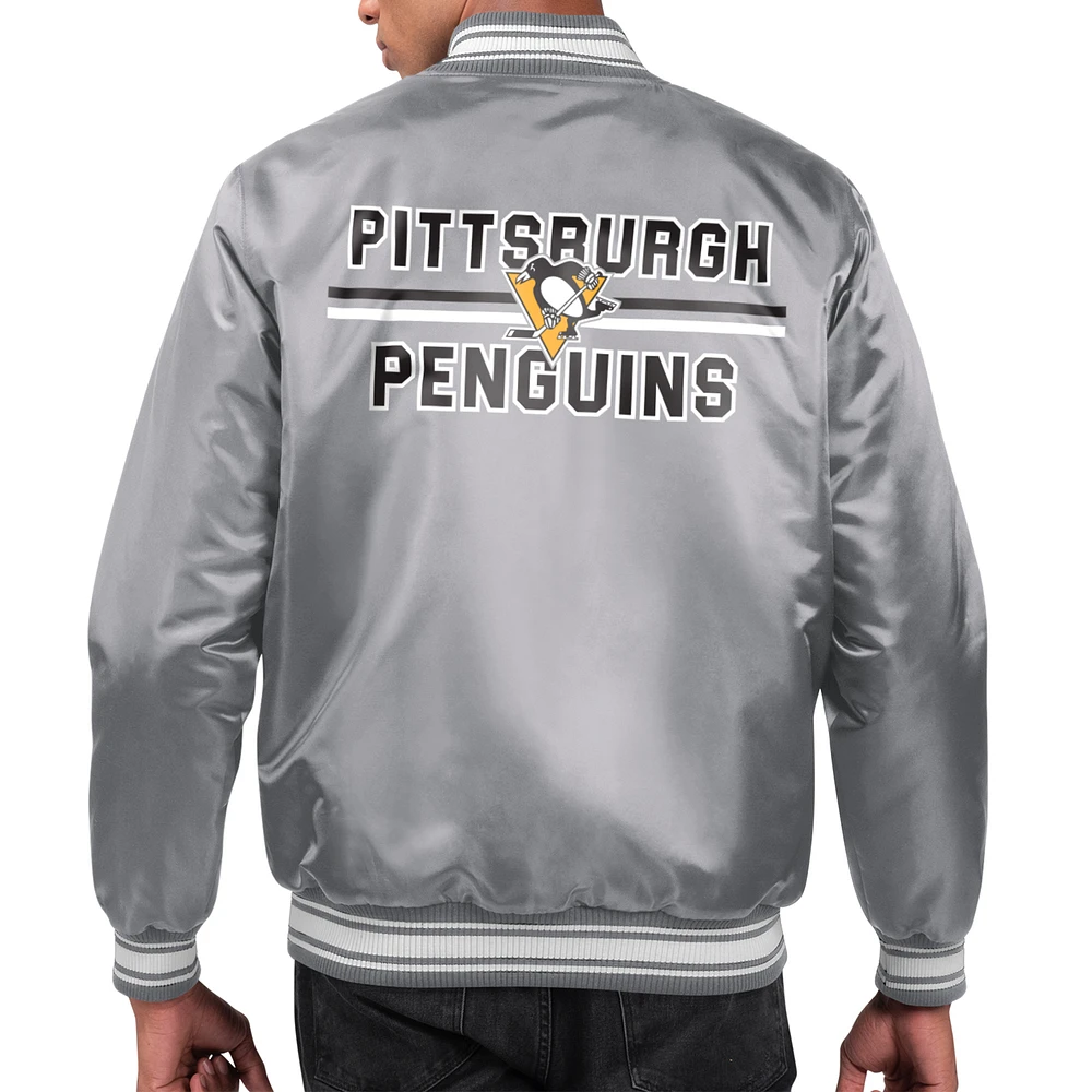Men's Starter Gray Pittsburgh Penguins Printed Team Logo Satin Varsity Full-Snap Jacket